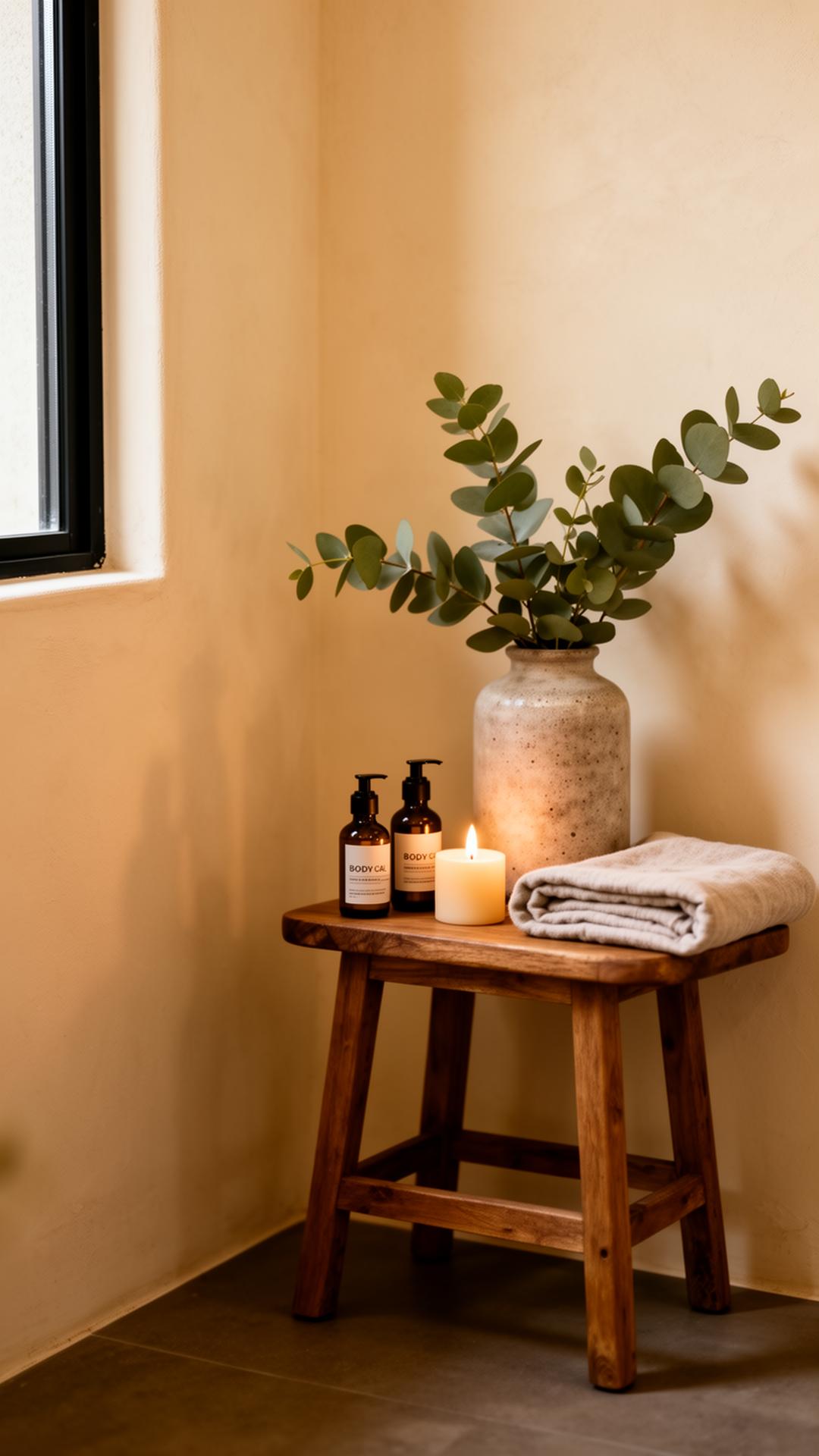 A quiet spa nook with body oils, a lit candle, linen towel, and eucalyptus in warm window light